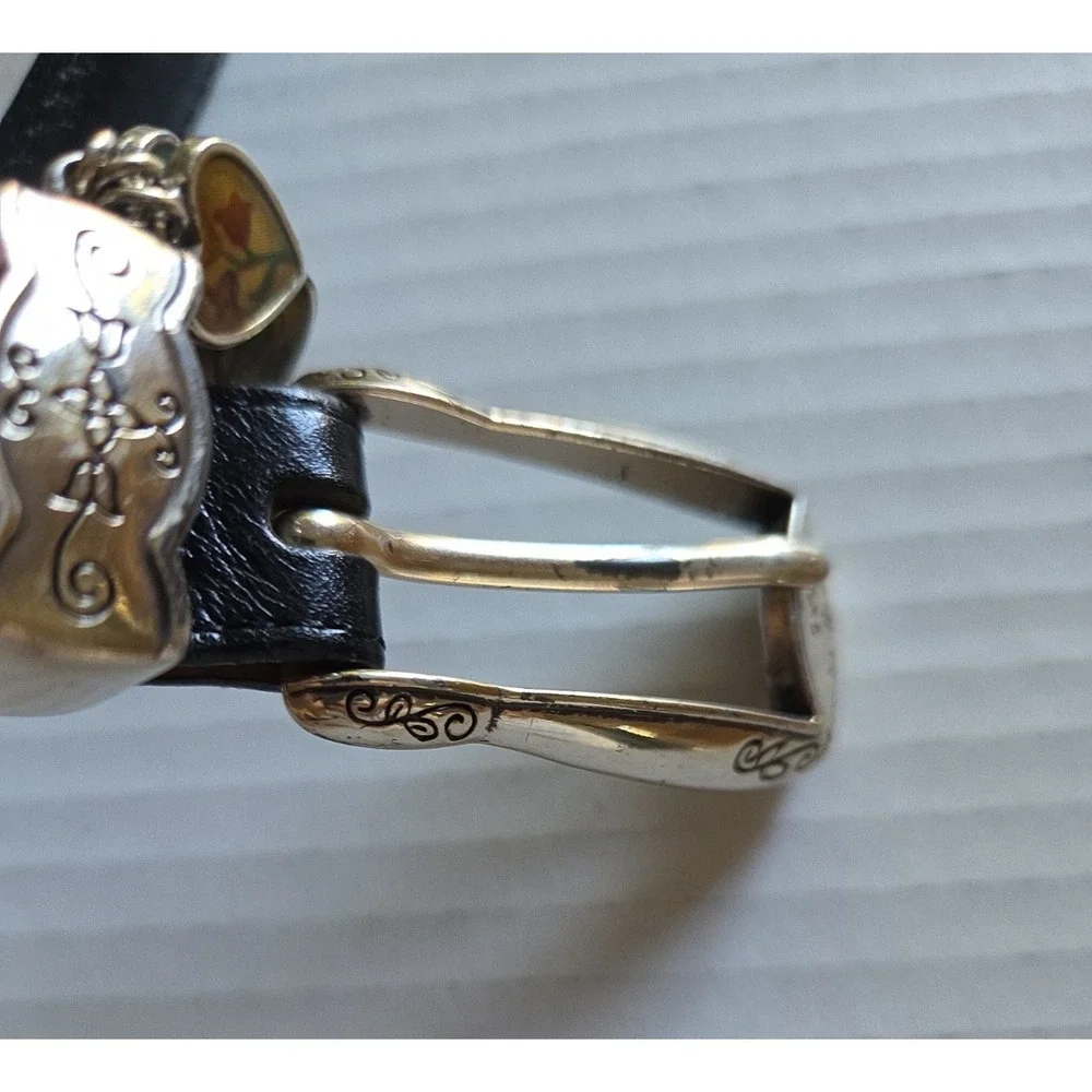 Vtg Brighton Skinny Belt B30283 Black Silver Buckle 3 Small Heart Charms Lg 34